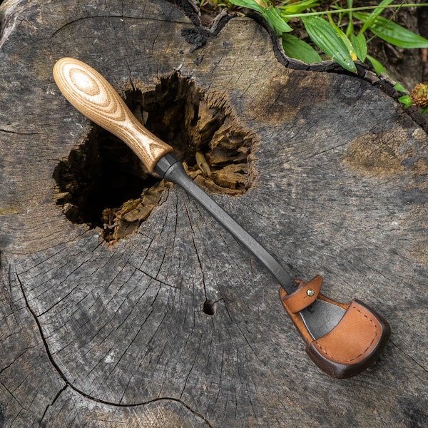 Cuchara para tallar madera, cincel doblado de 4 cm (1,5 pulgadas) con funda de cuero