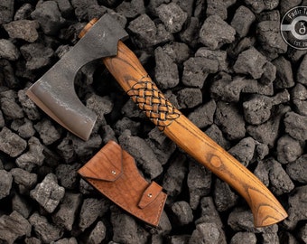 Hand-Forged Viking Axe: Bearded Camp Hatchet with Leather Case