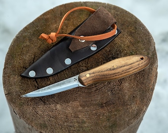 Cuchillo de trinchar de acero D2 forjado a mano: mango de madera de fresno, funda de cuero