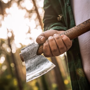 May include: Axe with a wooden handle and a silver blade, held in a hand. The axe is partially visible, with the blade facing the viewer. The handle has a wood grain pattern. The background is blurred, with trees and sunlight.