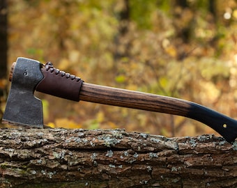 Hand Forged Bushcraft Axe: 52100 Steel, Ash Handle, Leather Sheath