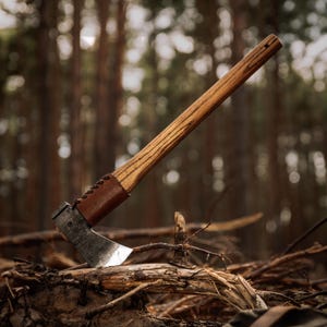 Op de afbeelding: Een bruine houten bijl met een lederen omwikkelde greep, rustend op een omgevallen boomstam in een bosrijke omgeving.