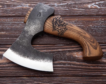 Hand-Forged Viking Bearded Axe: Carved Ash Wood Handle