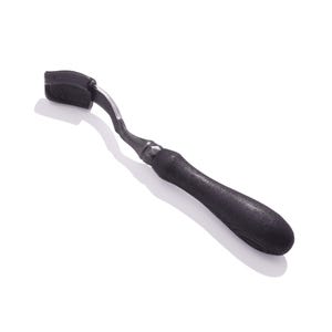 May include: A black wood handled carving tool with a curved blade and a black leather strop.