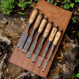 Set of Six Chisels for Wood Carving with Beveled Edges and Rings on the End with Leather Bag