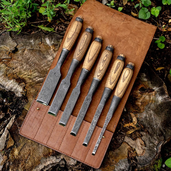 Hand Forged Wood Carving Chisels: 52100 Steel, Ash Handles, Leather Case