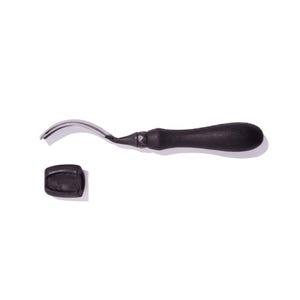 May include: A black handled leather crafting tool with a curved blade. The tool is made of metal and has a black plastic handle.
