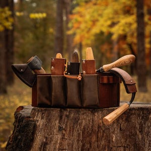 Leren gereedschapsopberger: ovaal blad met essenhouten bodem