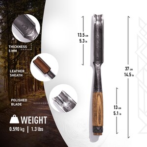 May include: A wood carving tool with a curved blade and a wooden handle. The tool is 14.5 inches long and weighs 1.3 pounds. It comes with a leather sheath.