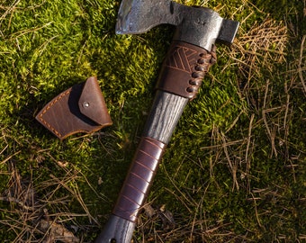 Hand Forged Tomahawk Axe with Hammer: Viking Style, Leather Sheath