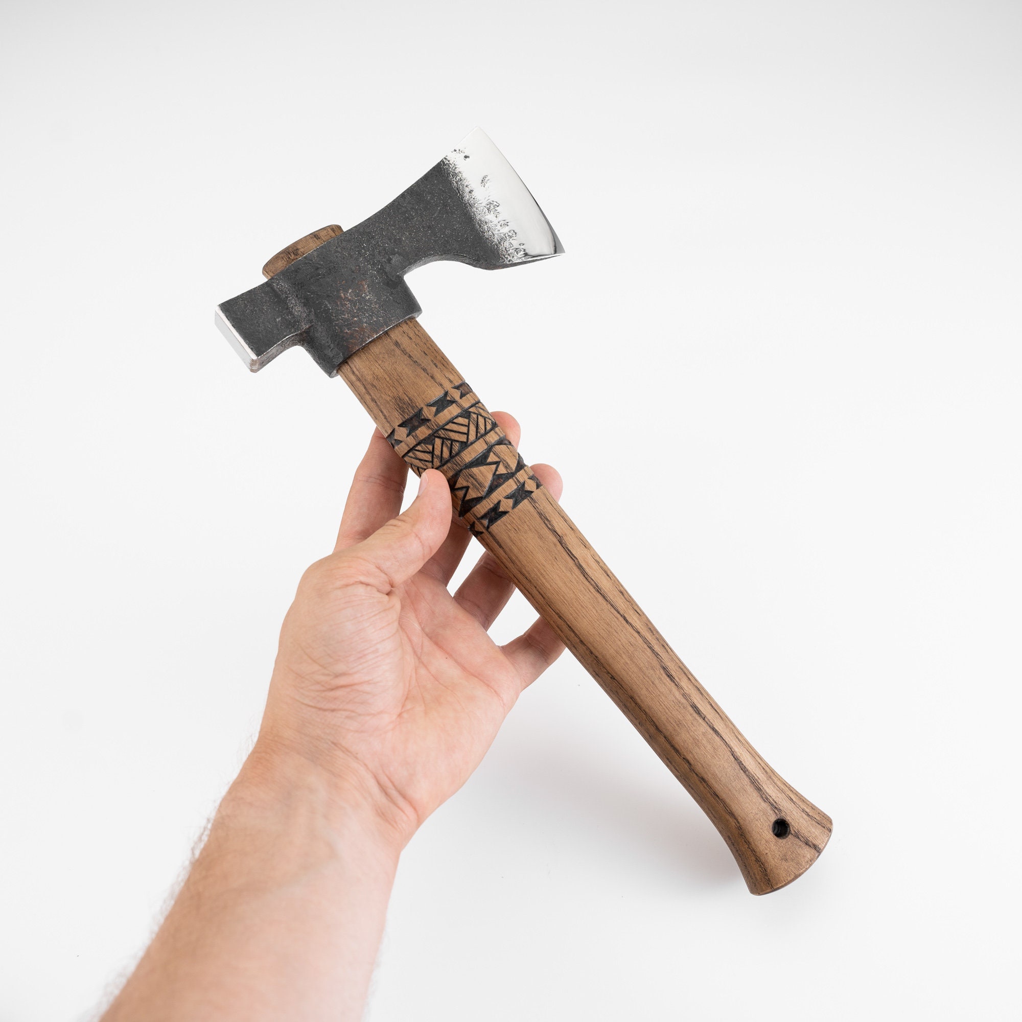 手鍛造トマホーク斧 - ハンマー、ショートハンドル、レザー