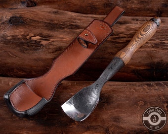 Hand Forged Timber Framing Gouge: 2" Bent Chisel with Ash Handle & Leather Sheath