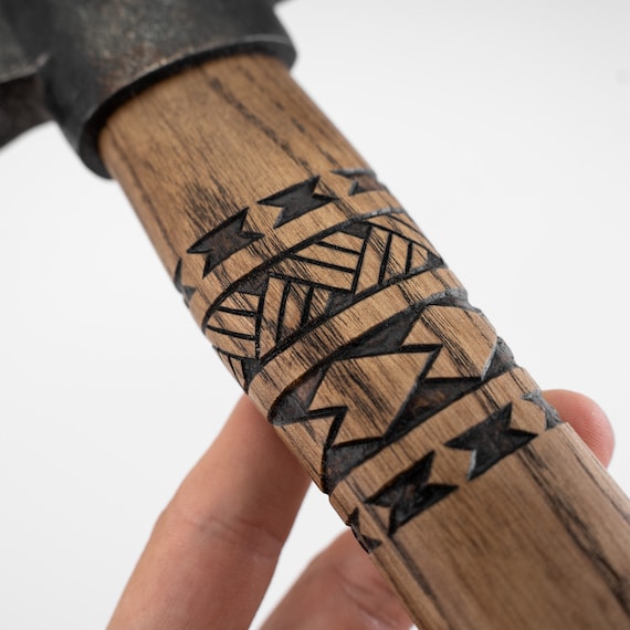 手鍛造トマホーク斧 - ハンマー、ショートハンドル、レザーラッピング