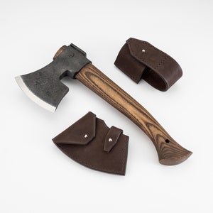 Small Handcrafted Axe with Custom Engraving for Carving, Carpentry, Woodworking with Leather Case and Belt Loop Length 5.7 in