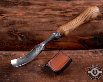 Handmade Spoon Carving Bent Chisel: 52100 Steel, Ash Handle, Leather Sheath