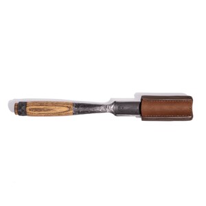 May include: A brown leather sheath with a wood-handled chisel with a metal blade.