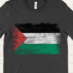 May include: A dark gray t-shirt with a distressed Palestinian flag design.