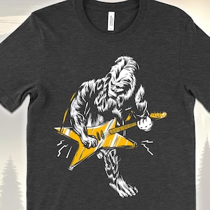 Bigfoot Playing Guitar Shirt, Funny Sasquatch T-Shirt, Rock Band Yeti Tee, Cool Music Graphic Shirt for Men