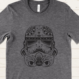 Gray t-shirt featuring a black sugar skull-style Stormtrooper helmet design