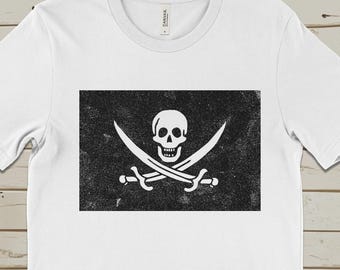 Pirate Flag T-Shirt, Unisex Jolly Roger Tee, Distressed Skull and Crossed Swords Shirt