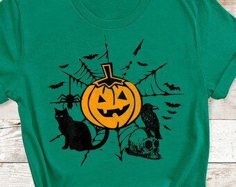 Halloween Pumpkin T Shirt: Spooky Black Cat Skull Raven Gothic Tee
