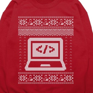 May include: Red Christmas sweater with a white knitted design of a laptop with the code "</>" on the screen.