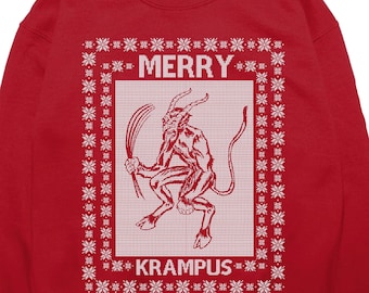 May include: Red Christmas sweater with a white design of a Krampus figure with the text "Merry Krampus".