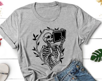 Skeleton Reading a Book Tee, Librarian Shirt, Reading Shirt for Bookworms, Floral Book Lover Tee, Book Lover Gifts, Halloween Book Club Tee
