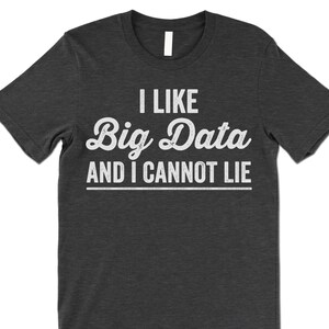 May include: Dark gray t-shirt with the text "I LIKE Big Data AND I CANNOT LIE" in white, stylized font. The shirt has a crew neck and short sleeves. A casual, comfortable tee for data enthusiasts.