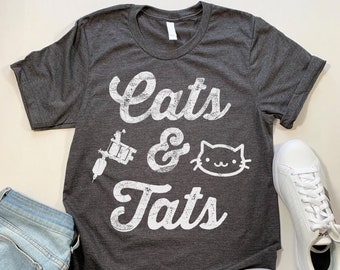 Cats and Tats T-Shirt, Funny Gifts for Cat Lovers, Tattooed Cat Owner Shirt, Tattoo Artist Gift Idea, Cool Pet Humor Shirt