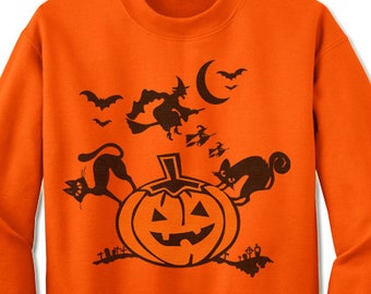 Fun Halloween Sweatshirt. Pumpkin Witch Black Cat Sweatshirt.