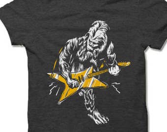 Bigfoot Shirt. Sasquatch Playing Guitar Shirt. Funny Cool T-Shirt.