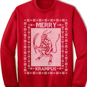 May include: Red Christmas sweater with a white snowflake pattern and a white illustration of Krampus, a mythical creature, with the text "Merry Krampus".