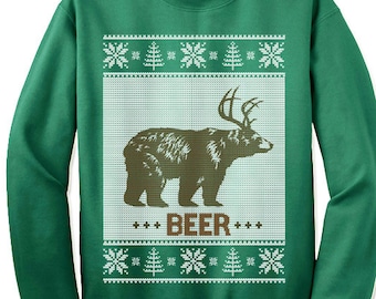 Ugly Christmas Bear Beer Deer Sweater Sweatshirt. Funny Ugly Tacky Christmas Sweater. Ugly Xmas Sweater.