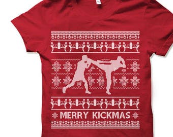 Merry Kickmas Christmas T-Shirt. Funny Kickboxing Muay Thai Christmas Shirt.