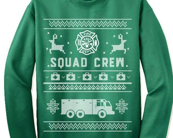 Rescue Squad Crew Christmas Gift.  Firefighter Ugly Christmas Sweater Sweatshirt. Squad Crew Gifts.