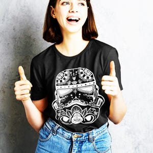 Sugar Skull Stormtrooper Shirt, Geek Calavera Tee, Funny Helmet T-Shirt, Day of the Dead Shirt, Nerdy Gift Idea, Cosplay Fan Shirt image 2