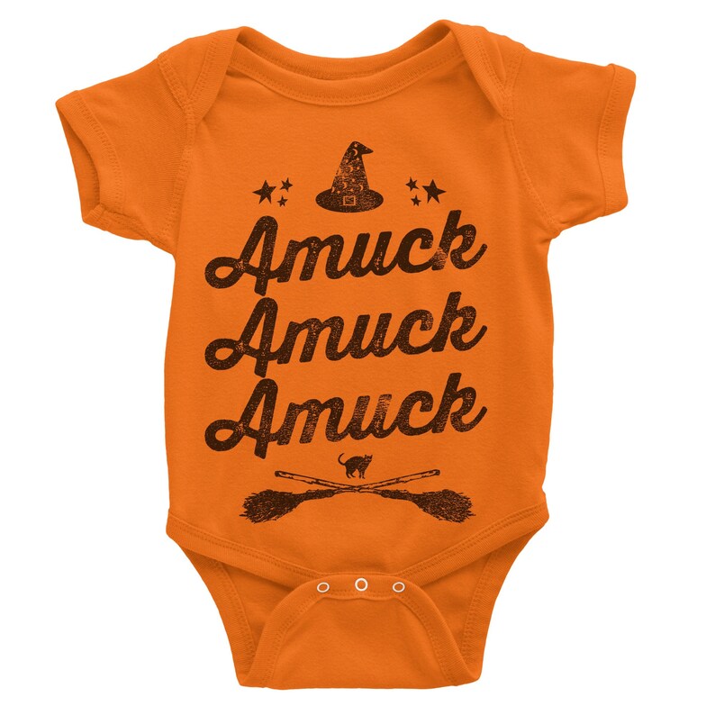 Cute Halloween baby bodysuit with Amuck phrase, perfect newborn costume or Sanderson Sisters inspired baby outfit