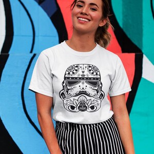 Sugar Skull Stormtrooper Shirt, Geek Calavera Tee, Funny Helmet T-Shirt, Day of the Dead Shirt, Nerdy Gift Idea, Cosplay Fan Shirt image 4