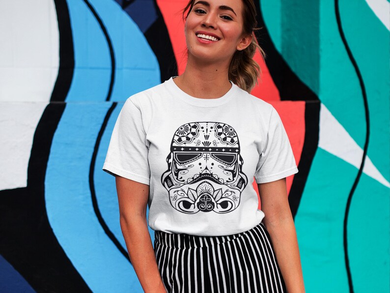 Sugar Skull Stormtrooper Shirt, Geek Calavera Tee, Funny Helmet T-Shirt, Day of the Dead Shirt, Nerdy Gift Idea, Cosplay Fan Shirt image 4