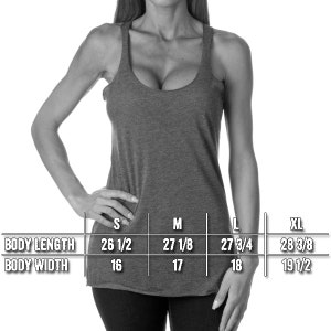 May include: A size chart for a tank top with measurements in inches. The chart shows the body length and body width for sizes S, M, L, and XL.
