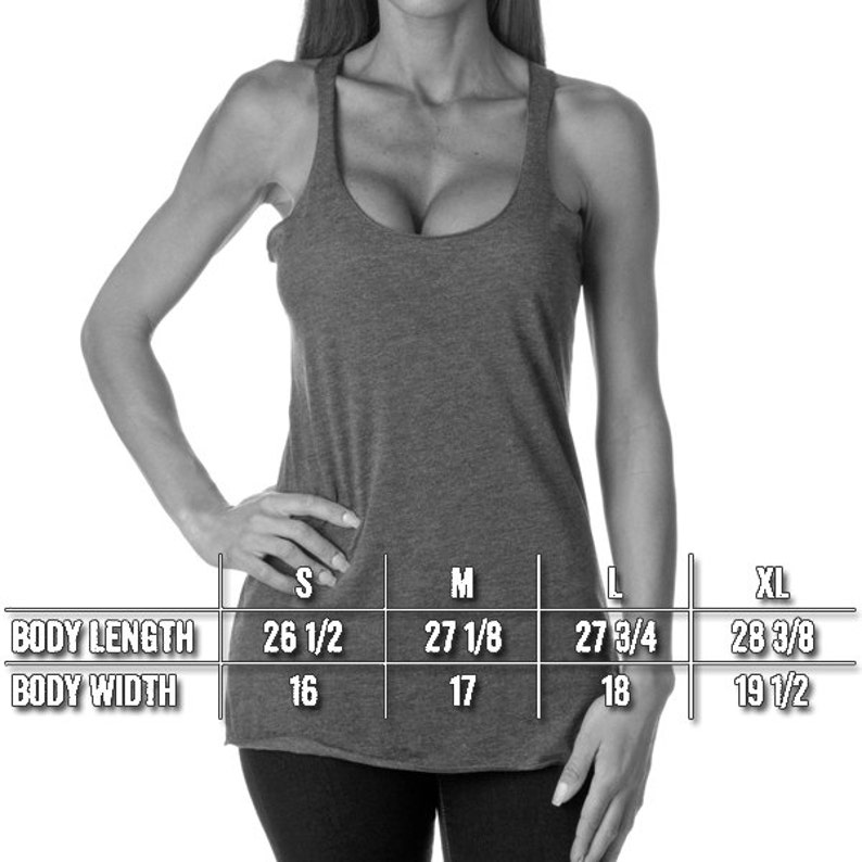 May include: A size chart for a tank top with measurements in inches. The chart shows the body length and body width for sizes S, M, L, and XL.