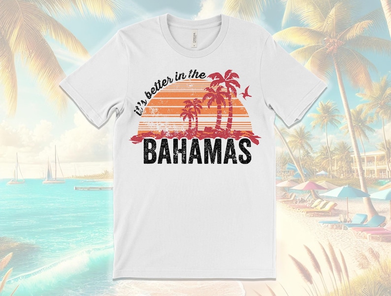 Bahamas shirt with tropical sunset and palm trees, perfect for beach lovers and vacation travel