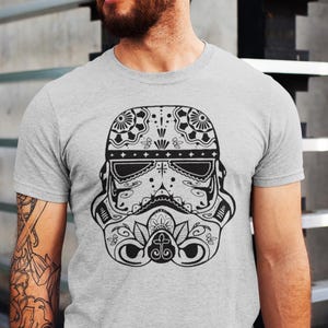 Sugar Skull Stormtrooper Shirt, Geek Calavera Tee, Funny Helmet T-Shirt, Day of the Dead Shirt, Nerdy Gift Idea, Cosplay Fan Shirt image 3