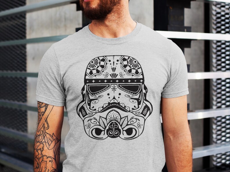 Sugar Skull Stormtrooper Shirt, Geek Calavera Tee, Funny Helmet T-Shirt, Day of the Dead Shirt, Nerdy Gift Idea, Cosplay Fan Shirt image 3