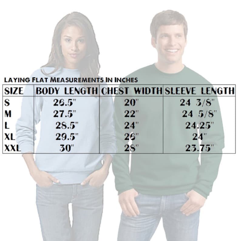 May include: Size chart for a sweatshirt showing measurements in inches for body length, chest width, and sleeve length. The chart includes sizes S, M, L, XL, and XXL.