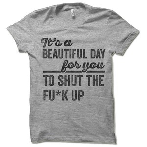 May include: A heather gray t-shirt with the text "It's a BEAUTIFUL DAY for you TO SHUT THE FU*K UP" in black, distressed font. The shirt has a crew neck and short sleeves.