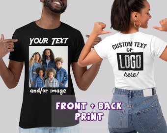 Camiseta personalizada para mujer y hombre. Camiseta con foto o texto de pareja, impresión frontal y posterior. Camisetas con tu logotipo personalizado. Camisetas personalizadas con tu logotipo.