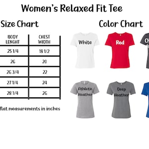 May include: Size chart for a relaxed fit tee shirt with measurements in inches. Color chart showing the tee shirt in white, red, charcoal, athletic heather, deep heather, and royal blue.