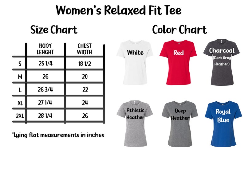 May include: Size chart for a relaxed fit tee shirt with measurements in inches. Color chart showing the tee shirt in white, red, charcoal, athletic heather, deep heather, and royal blue.